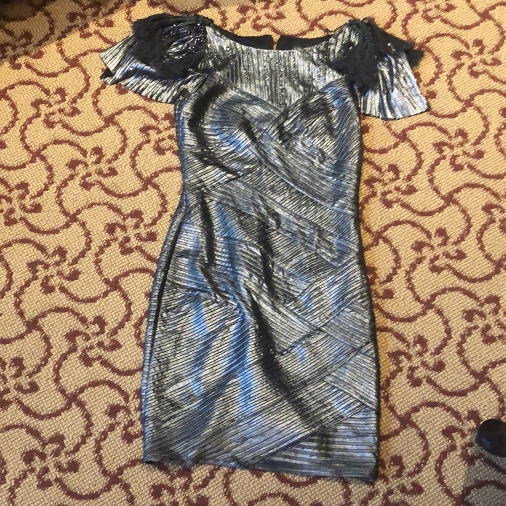 Tadashi Shoji gunmetal metallic dress with tassels